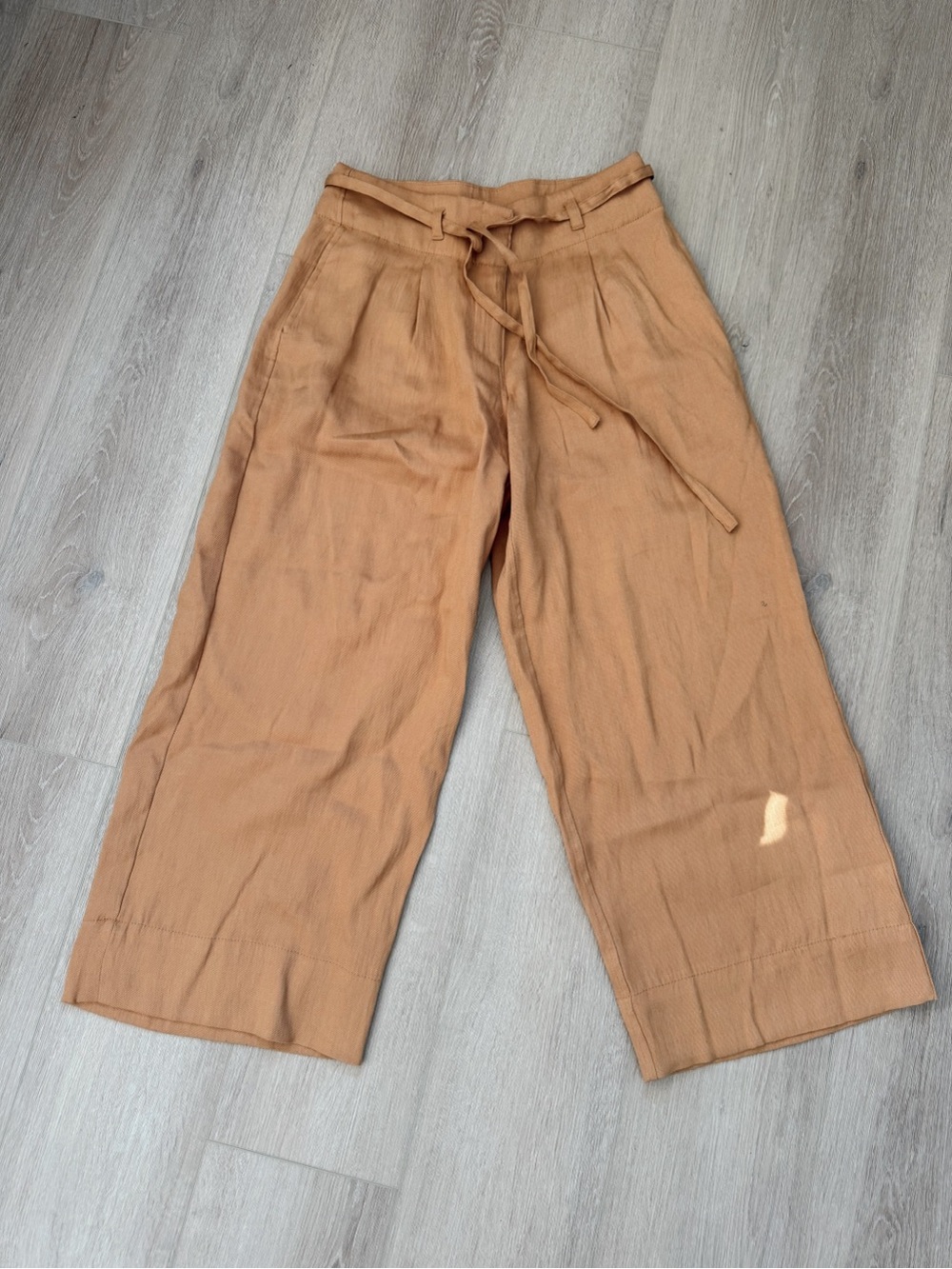 DKNY Tan Wide Leg Cropped Belted Pants